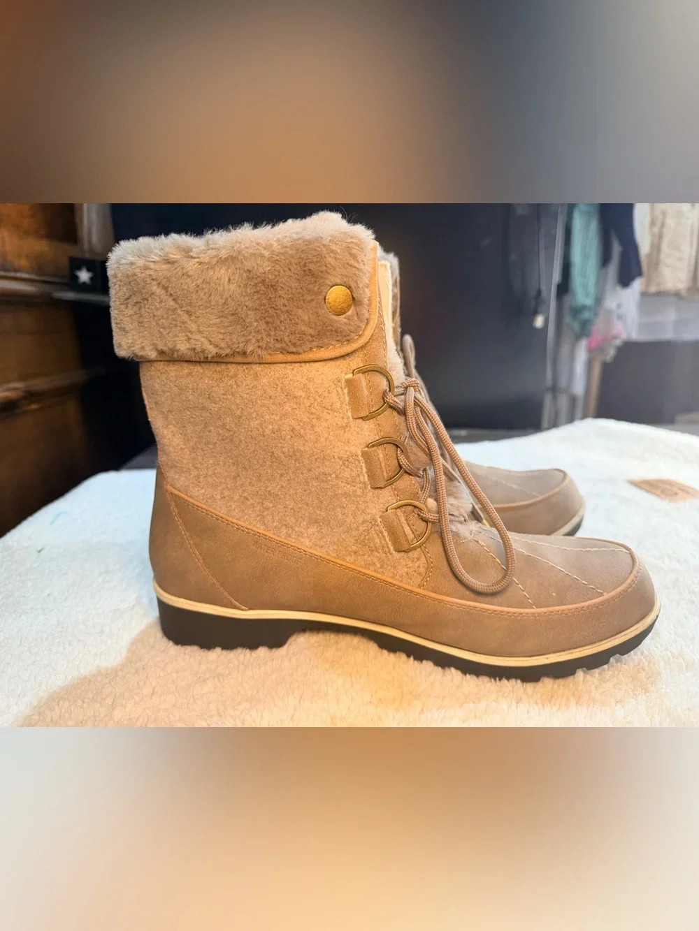 967. LIKE NEW JBU Women's Taupe Lace-Up Faux-Fur Winter & Rain Boot